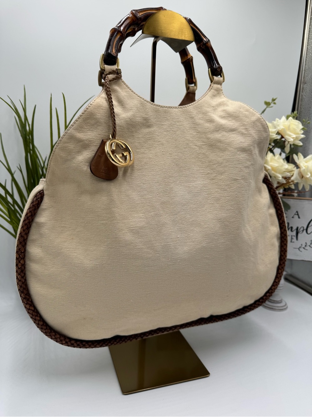 Gucci Vintage 2003 Tom Ford Bamboo Handle Canvas Hobo Bag - Beige/Brown COA